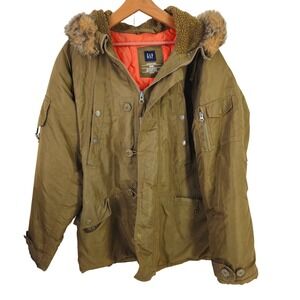 Vintage 2003 y2k GAP Men Snorkel Parka Jacket Faux Fur Hood Green Orange Large